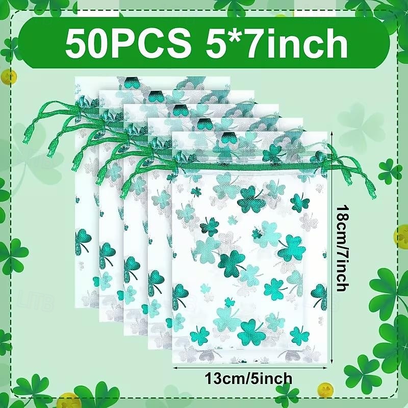 50PCS St. Patrick's Day Gift Bags, Green Shamrock Leaf Pattern Organza Bags for Jewelry, Party Favors, Two Sizes 3.9x5.9 Inch & 5x7 Inch 2026 - $19.99 –P4