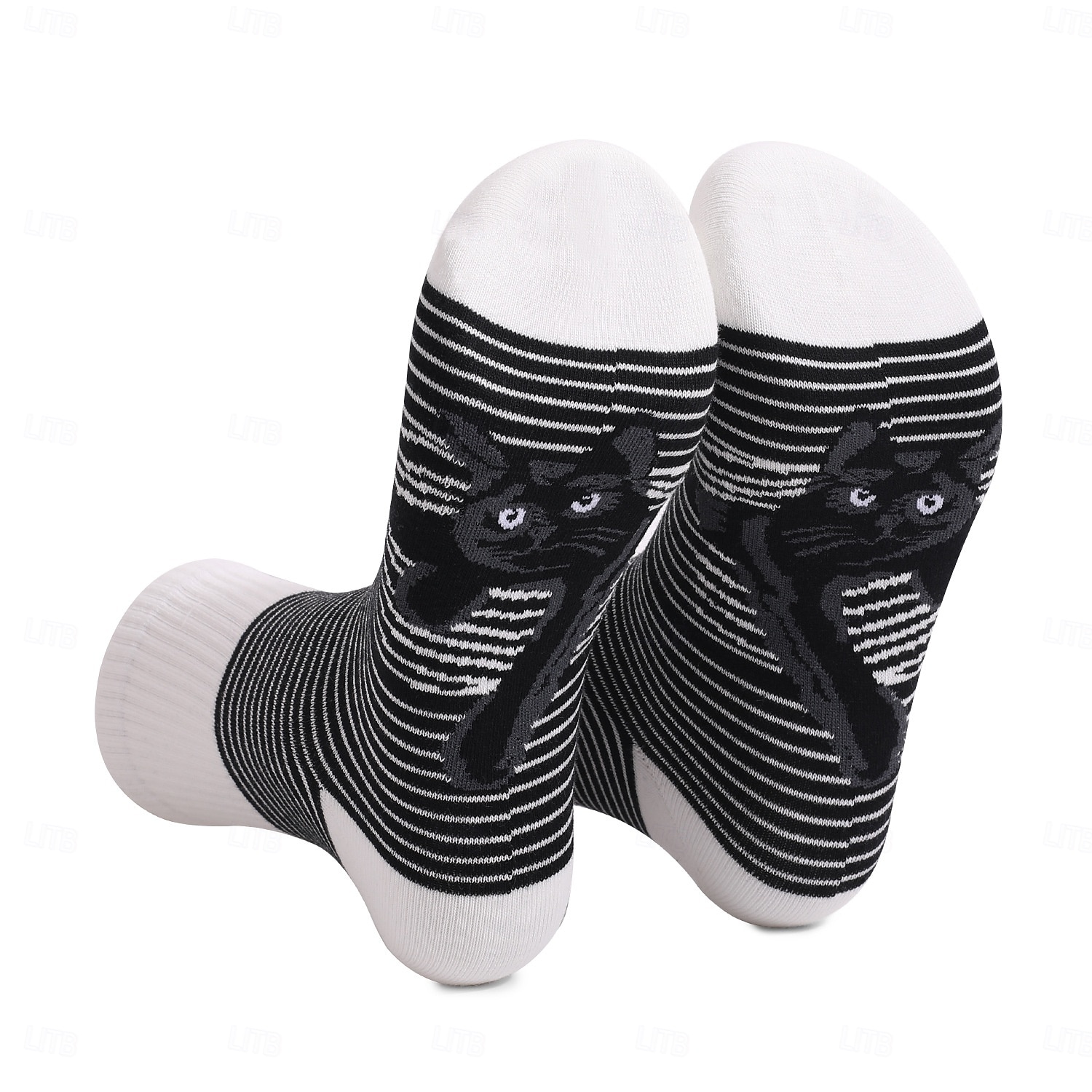 Men's Socks Black and White Stripes Animal Cat Print Plus Size Unisex Mid-Calf Socks Comfortable Casual Wear for Men and Women 2026 - $5.49 –P2
