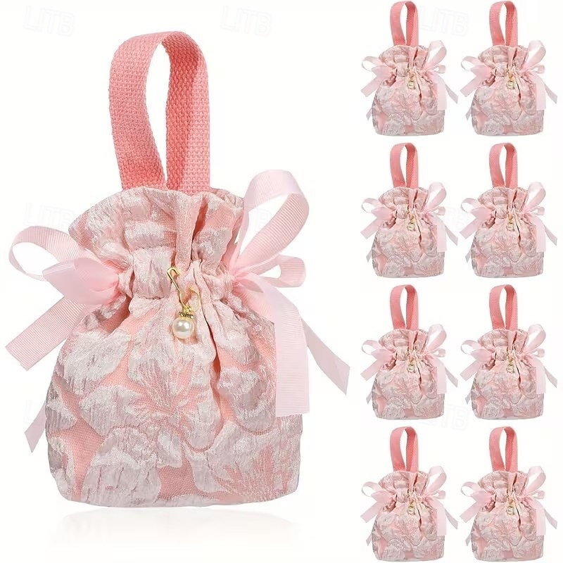 Lot de 6 élégants sacs cadeaux à cordon coulissant, à motif floral et poignées - rose pâle - parfaits pour les mariages, anniversaires, fêtes prénatales - fermeture sécurisée - idéaux pour les cadeaux de 2026 ? $16.99 –P4