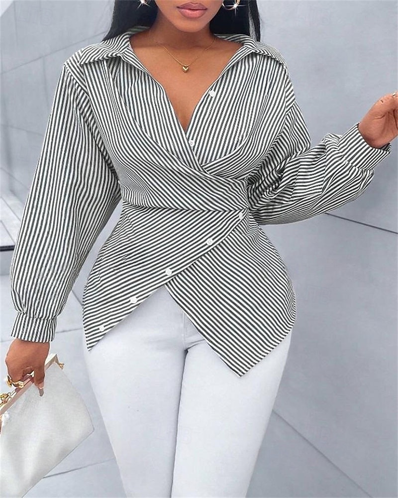 Damen Bluse Elegante Oberteile Gerafft Knöpfe Druck Einfach Gestreift Elegant Vintage Täglich Langarm Hemdkragen Normale Oberteile Täglich Arbeit Ferien Schwarz Rosa Himmelblau Grün Sommer Frühling 2026 - $31.99 –P3