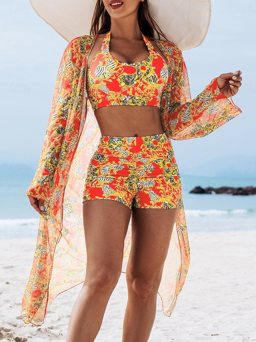 Kvinners Bikini 3 Delt Badedrakt Shorts Slim Ryggløs Ferie Strandtøy Blomster Halter Hals Ermeløs Badedrakt 2026 - $31.99 –P8