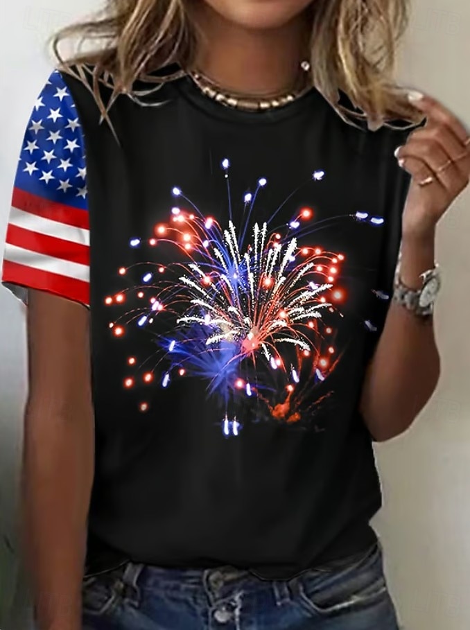 Giorno dell'Indipendenza Maglietta Patriottica da Donna Stampa Grafica Bandiera Stile Vintage Classico Manica Corta Collo Rotondo Regular Tops Giornaliero Weekend Stampa Nera Bianca Estate Primavera del 2026 a $22.99 –P3