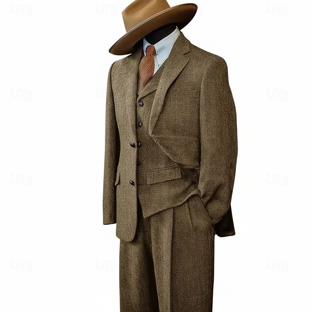 De los hombres Trajes de tweed Negocio Boda Azul Piscina Caqui Claro Otoño invierno Traje Solapa de Pico Negocios Retro Antiguo Espiga A Medida Juego de 3 piezas Recto 2 botones 2026 - $139.99 –P8