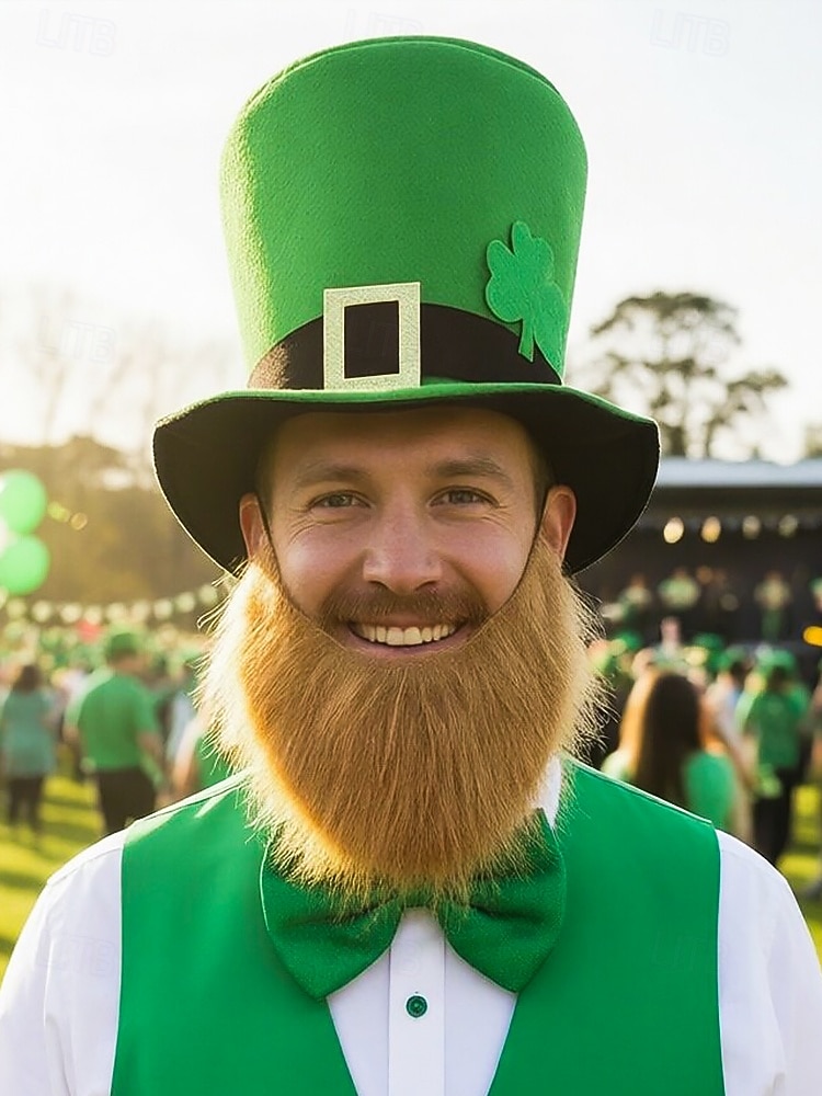 2026年 男性用聖パトリックの日のレプラコーンコスチュームアクセサリーセット、ポリエステル素材、バックル付きグリーンのトップハット、偽のひげ、蝶ネクタイとネクタイセット、パーティーや休日のお祝い  コレクション – $24.99 –P1