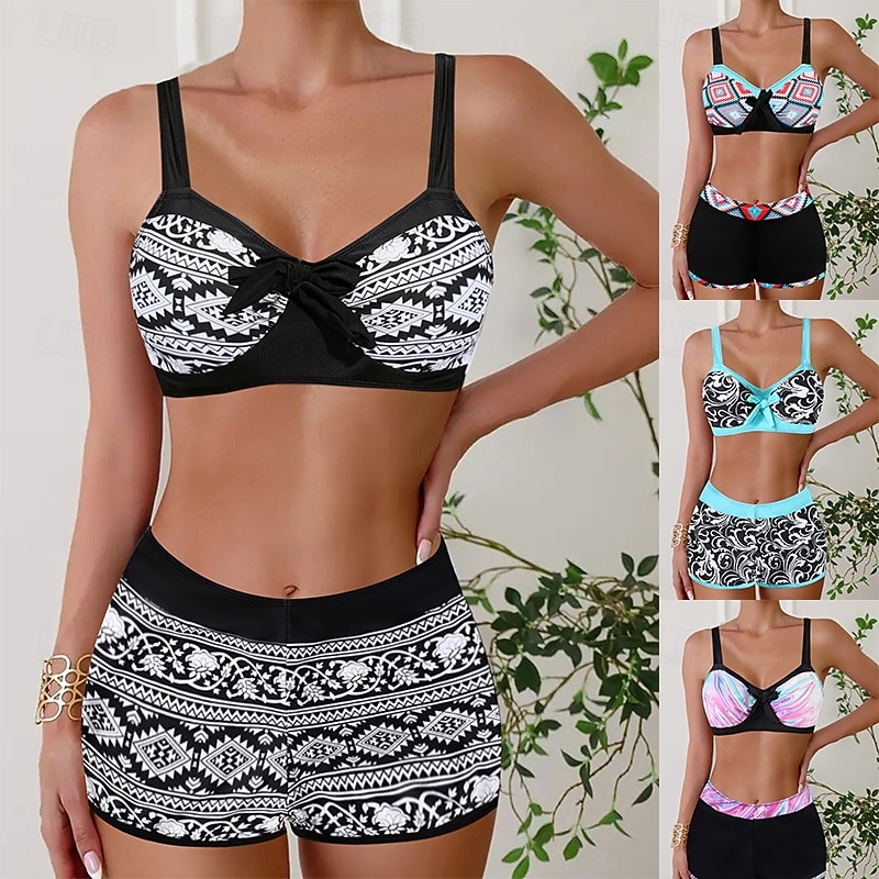 Dame Bikini 2 Delt Badedrakt Boho Shorts Slim Uten Rygg Ferie Strand Bekledning Fargeblokk Geometrisk V Hals Uten Ermer Badedrakter 2026 - $19.99 –P1