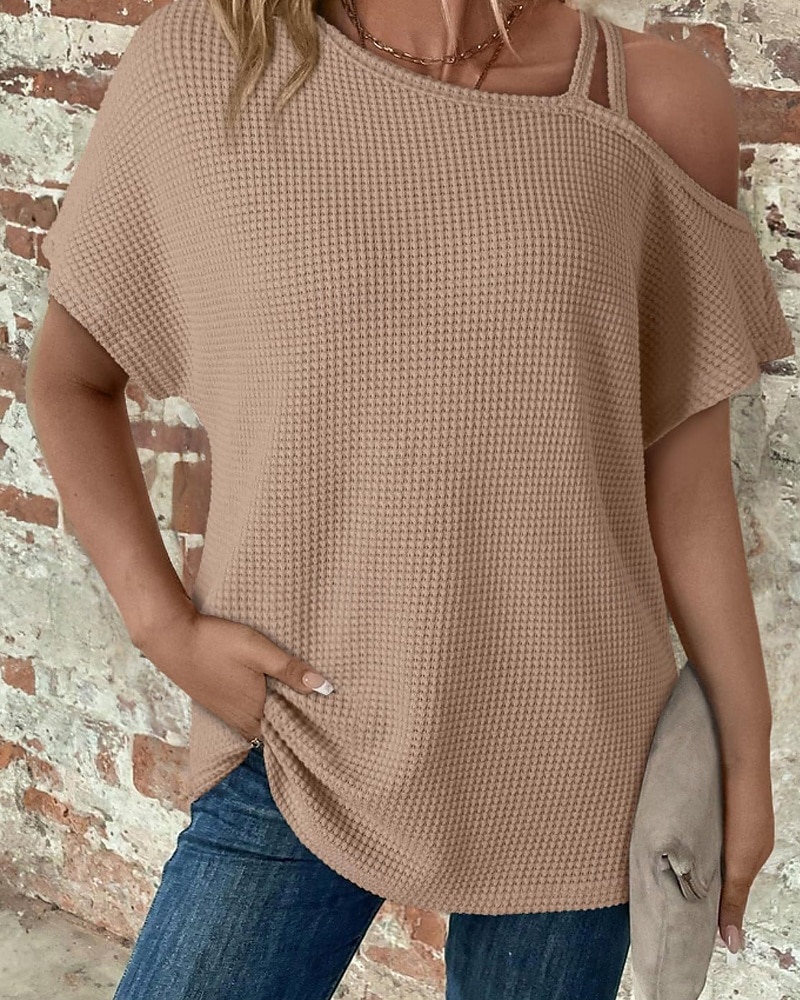 Mujer Camiseta Color sólido Vintage Elegante Manga Corta Cuello asimétrico Tops regulares Diario Noche Fin de semana Negro Blanco Rosa Caqui Verano Primavera 2026 - $25.99 –P14