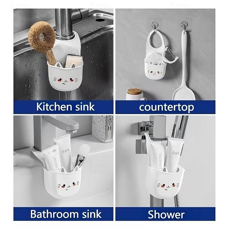 2 kpl söpö kissa silikoninen hanateline tyhjennysreiällä tilaa säästävä säilytysteline sienille, siveltimille kylpyhuoneessa ja keittiön lavuaarissa, kestävä koristeellinen järjestäjä 2026 - $9.99 –P2