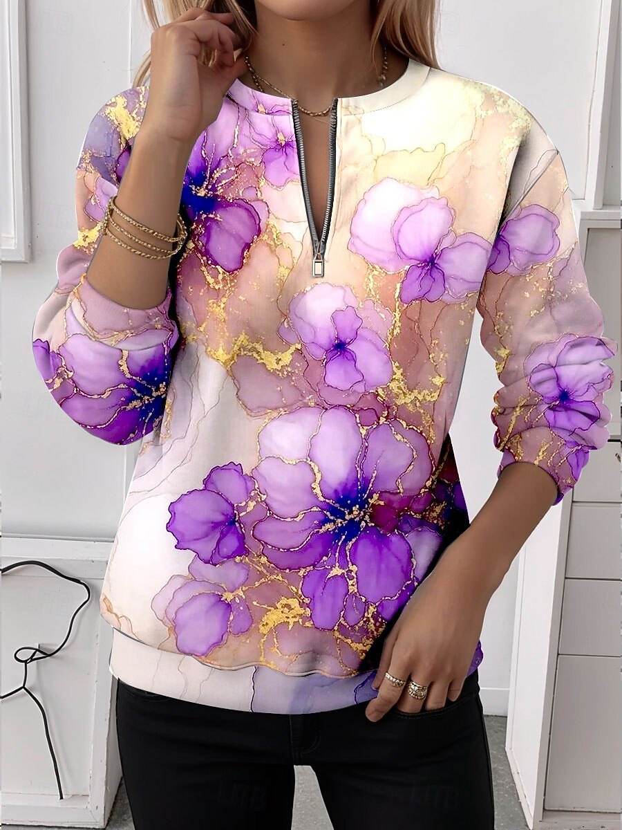 Mulheres Moletons com zíper Zíper Imprimir Floral Gráfico Moda Casual Manga Longa Decote Redondo Tops regulares Rua Dia a Dia Branco Roxo Laranja Verde Primavera Outono Inverno de 2026 por $27.99 –P1