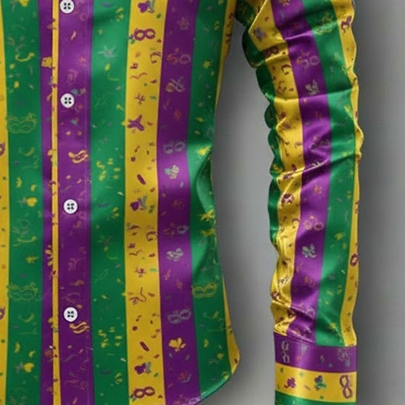 Мужская рубашка для карнавала Марди Гра, атласная рубашка с графическим принтом в полоску и маской – классический полосатый фестивальный стиль. 2026 - $29.99 –P3