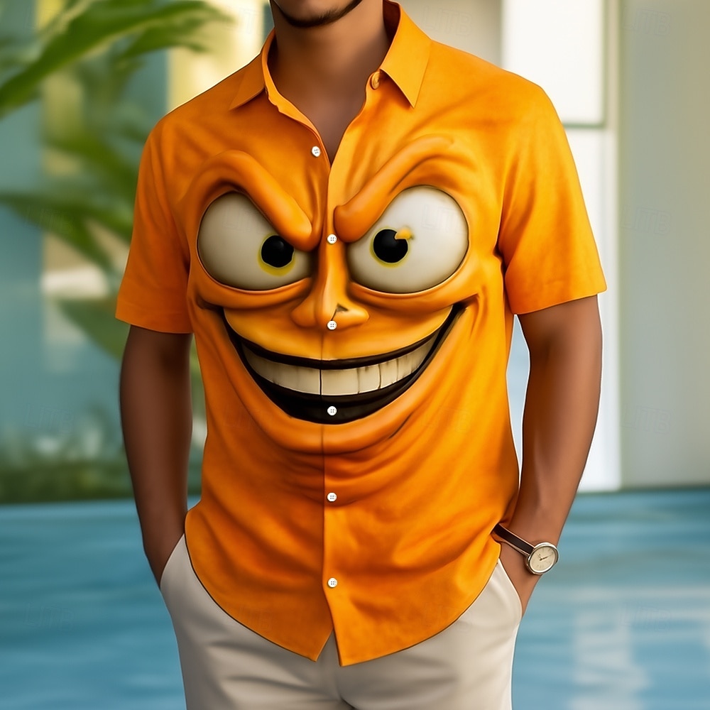 Herren Optische Täuschung 3D Zeichentrick Lächelndes Gesicht Hemd Knopfhemd Kurzarm Modisch lässig Ferien Alltagstauglich Sommer Frühling Umlegekragen 3D-Druck Hemden mit Kragen Purpur Orange Grün 2026 - $25.99 –P3