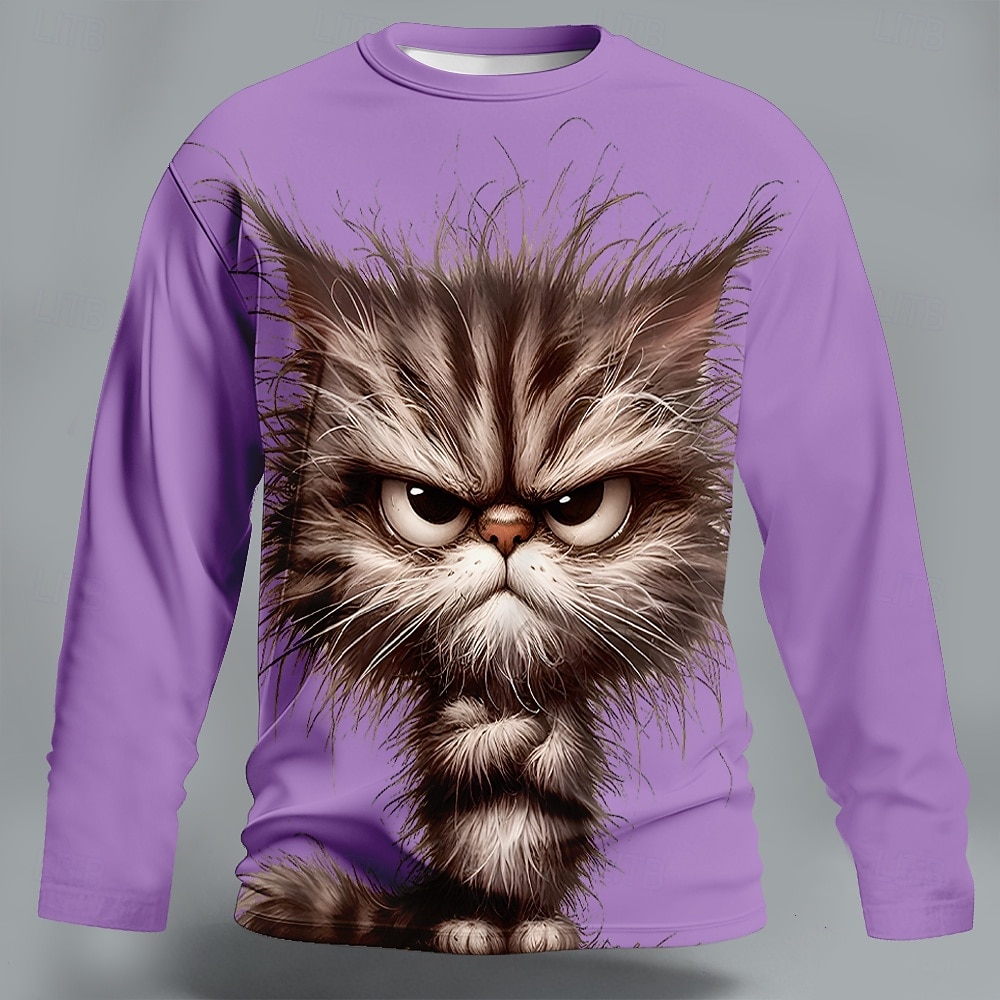Herren Tiermotiv Katze Lustig T Shirt Langarm T-Shirt 3D-Druck Rundhalsausschnitt Hemd Mode Basic Lässig Täglich Straße Blau Schwarz Purpur Sommer Frühling Bekleidung S M L XL XXL XXXL 2026 - $23.99 –P3