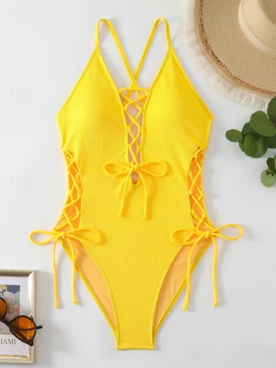 Dames Eendelig Zwempak Sexy Uitsnijding Monokini Buikcontrole Hoge Taille Slank Rugloos Vakantie Strandkleding Effen Kleur V-hals Mouwloos Badpakken 2026 - $32.99 –P9