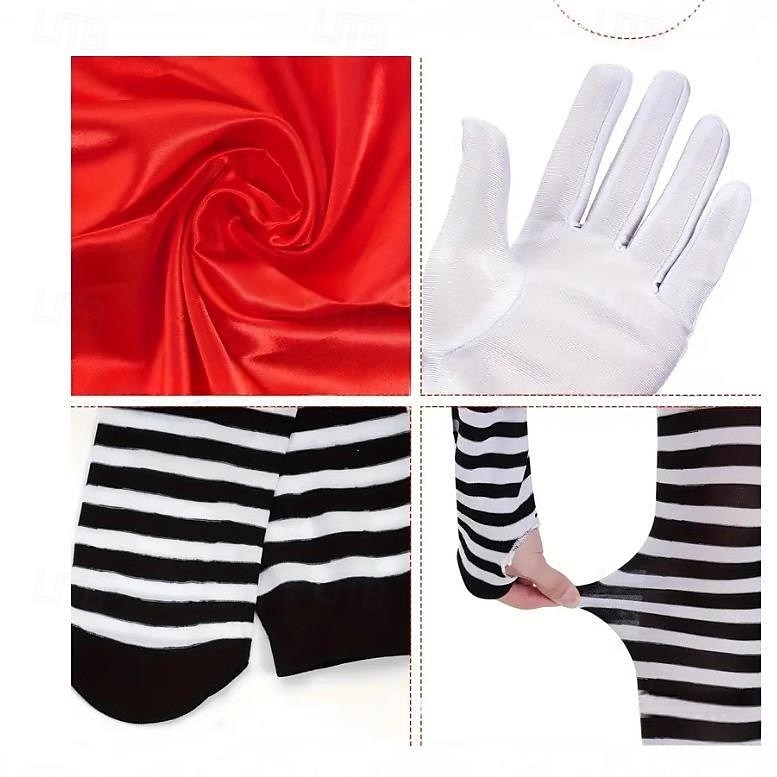 Mehre Accessoires Ausgefallene Kostüme Pantomimenkünstler Pantomime-Clown Zirkus Cosplay-Kostüm Gestreift Erwachsene Damen Halloween Karneval Party Leistung Verkleiden 2026 - $41.99 –P3