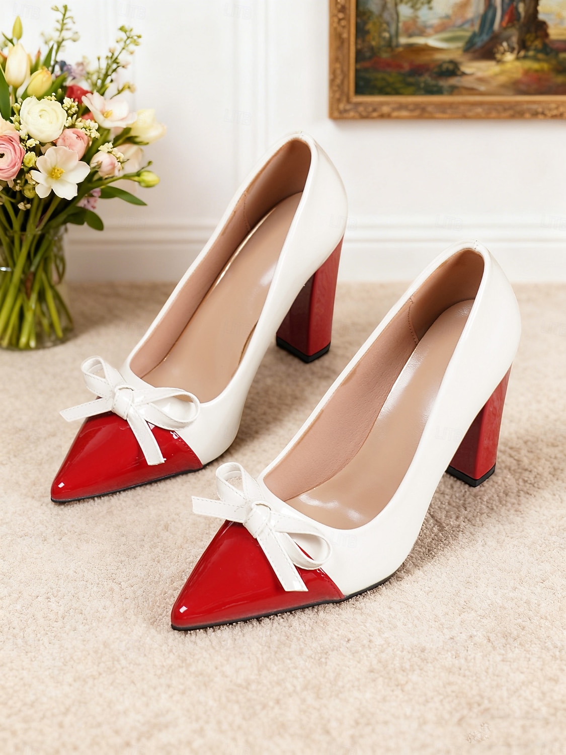 Dames tweekleurige groene en witte blokhak pumps - spitse neus met strikdetail, vintage chique stijl schoenen uit de jaren 50 voor werk, feestjes en dagelijkse outfits 2026 - $54.99 –P2