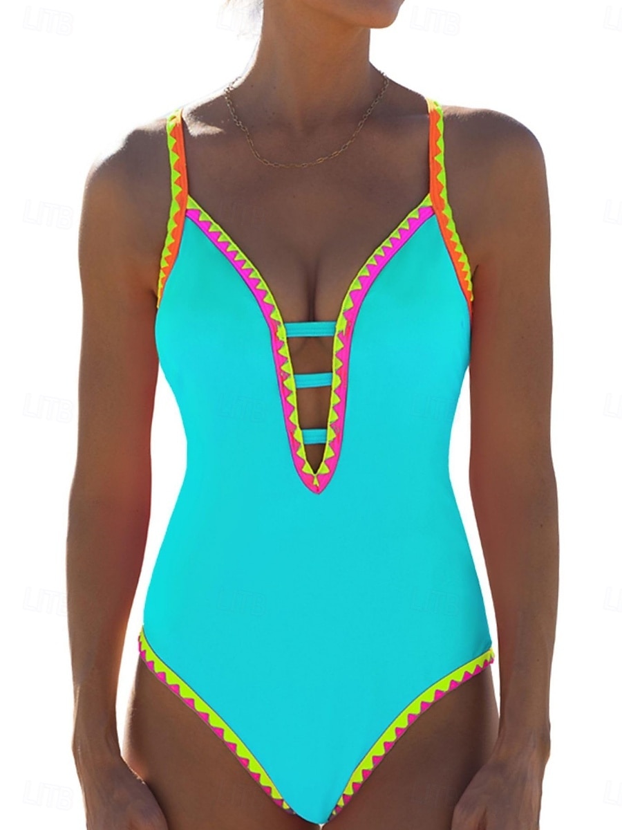 Женский купальник из 1 предмета стройнящий сексуальный с вырезом монокини высокая спортивная линия контроль живота высокая талия узкий без спинки для отпуска пляжная одежда цветной блок V-образный 2026 - $10.49 –P10