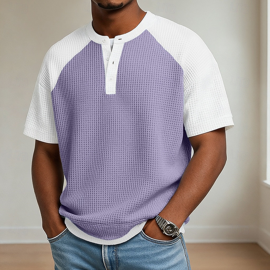 Heren Wafel T-shirt T-shirt Korte mouw Henley Zomer Lente Lente zomer Effen Kleur Met Textuur Modieus Ontwerper Casual Kleurenblok Gebreid Casual Dagelijks Buiten Licht Blauw Lichtgroen Paars Top 2026 - $22.99 –P2