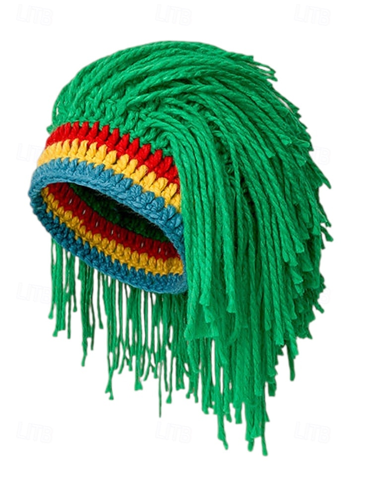 Herren-Perückenmütze aus Häkelgarn, mehrfarbiges Design mit grünen, roten und gelben Streifen, perfekt für den St. Patrick's Day und Kostümpartys 2026 - $14.99 –P5