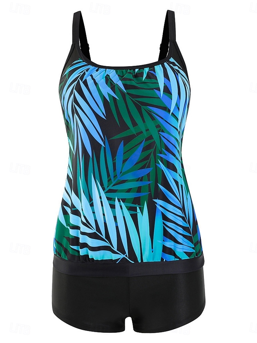 Bañador de tankini de 2 piezas para mujeres leopardo pantalones cortos control de abdomen alta cintura delgado espalda descubierta para vacaciones playa hojas cuello redondo sin mangas 2026 - $33.99 –P5