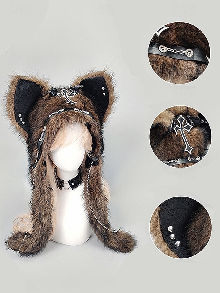 Dámská punková kožišinová čepice s kočkou na Mardi Gras v několika barvách trendy design s křížovými detaily perfektní pro karneval a maškarní plesy 2026 - $26.99 –P11