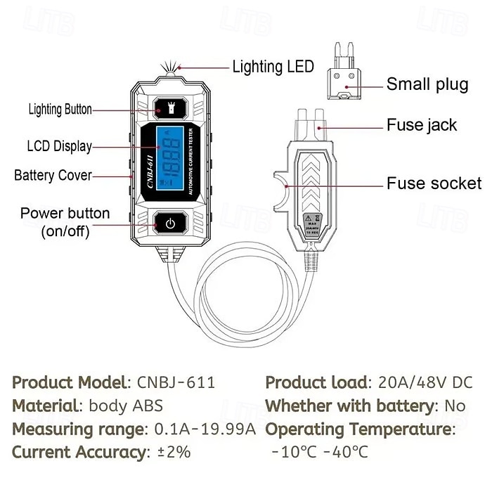 Bilkretstester, 611 sikringslekkasjedetektor, isolasjonsmateriale, batteridrevet, 36 V driftsspenning, med LCD-skjerm og forbelysningsfunksjonalitet, for bilelektrisk 2026 - $30.99 –P9