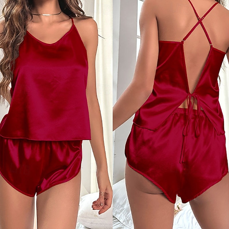 Women's Loungewear Pajama Set Fashion Casual Soft Pure Color Patchwork Backless Shorts Home Vacation Sleeveless V Neck Black White Champagne Light Green Pink Summer Spring Fall Regular Fit 2026 - $22.99 –P4
