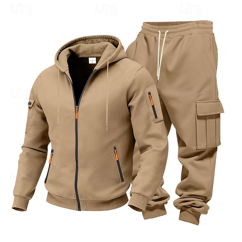 Men's Hoodie Tracksuit Hoodie & Pants Set Hoodie Daily Outdoor Vacation Daily Wear Drawstring Zip Up Plain Black Navy Blue Khaki Activewear Sports Fashion Fall 2026 - $54.99 –P14