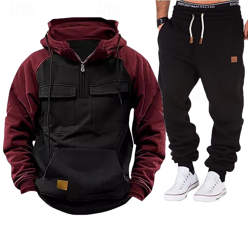 Homens Moletom Moletom com capuz e calças Conjunto Capuz Diário Ao ar livre Férias Roupa Diária Patchwork Bolsos Half Zip Bloco de cor Azul Vermelho Vinho Preto Roupas Esportivas Esportes Moda Outono de 2026 por $54.99 –P2