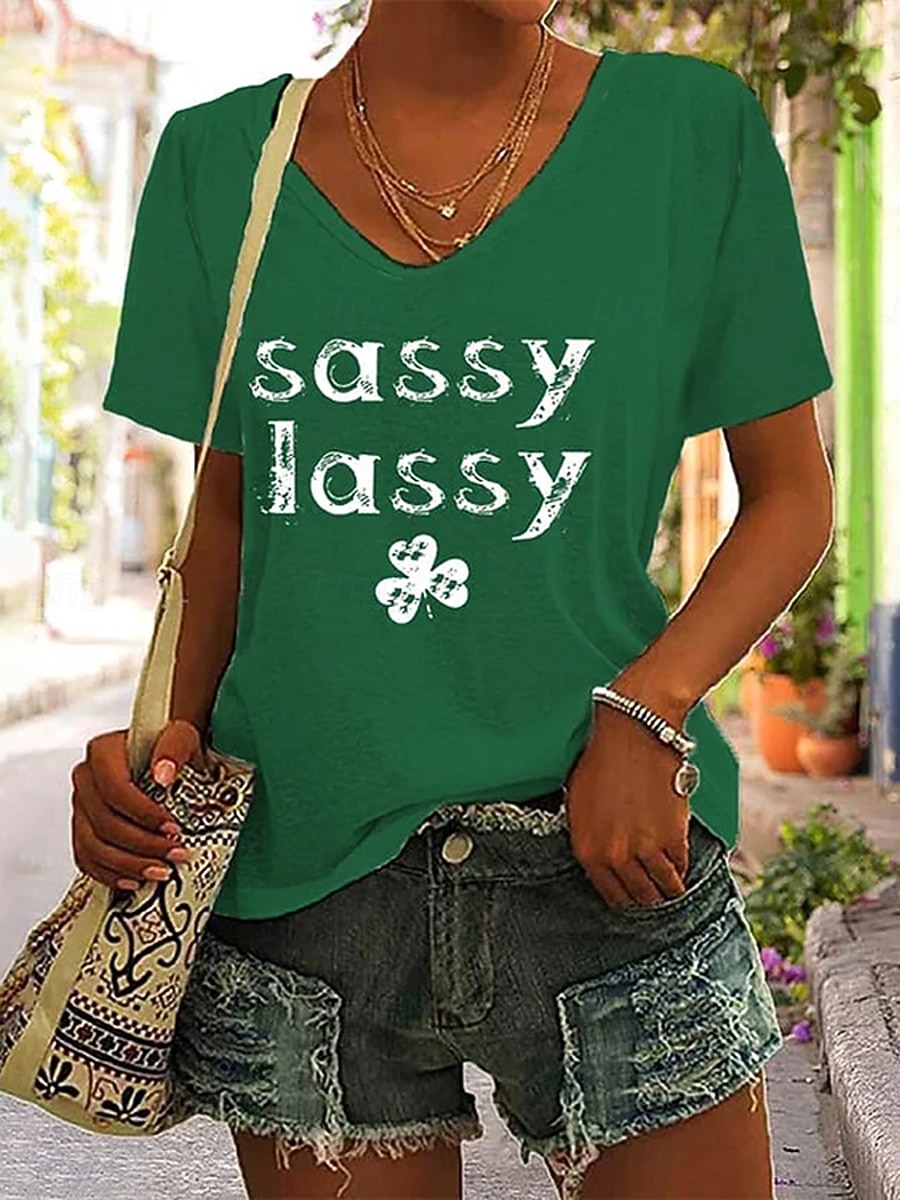 St. Patrick's Day Women's T Shirt Graphic Letter Stylish Classic Casual Short Sleeve V Neck Regular Tops Daily Print Black White Green Summer Spring 2026 - $21.99 –P1