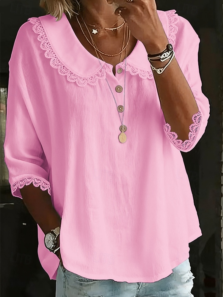 Per donna Camicia popover Camicia Estiva Camicia casual Blusa Bordo in pizzo Tinta unica Vacanza Elegante Casual Manica 3/4 Collo ripiegato Top Regolari Quotidiano All'aperto Ferie Blu Bianco Giallo del 2026 a $25.99 –P3