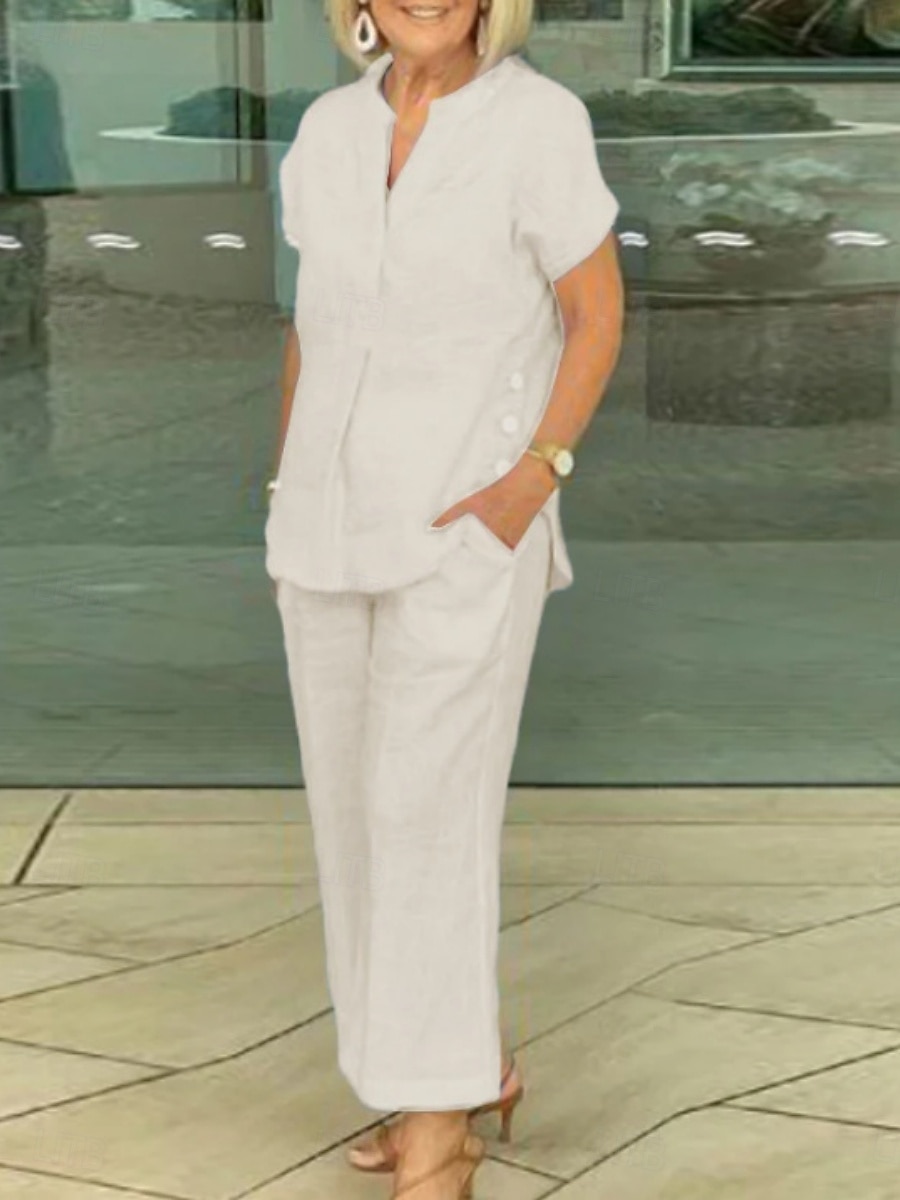 Damen Kunstbaumwollleinen Kurzarm V Ausschnitt Einfach Mode Streetwear Täglich Lässig Täglich Blau Marineblau Purpur Sommer Normale Passform 2026 - $41.99 –P5