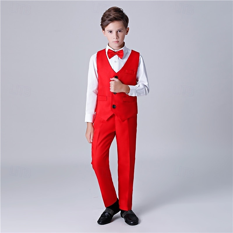 Costume de garçon d'honneur 4 pièces avec gilet & chemise  &Pantalon garçon, costume habillé décontracté, tenue de soirée tendance pour les fêtes en extérieur, basique et élégant, couleur unie bleu, de 2026 ? $33.99 –P3