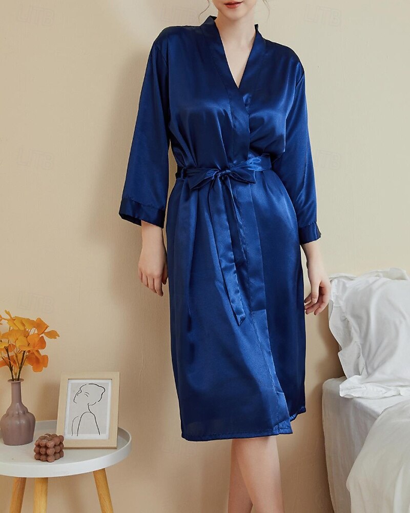 Femmes Robe Occasionnel Doux Satin Couleur Unie Quotidien Maison Lit manche longue Col en V Noir Blanche Vert Claire Rose Claire bleu marine Été Printemps Coupe régulière de 2026 ? $26.99 –P11
