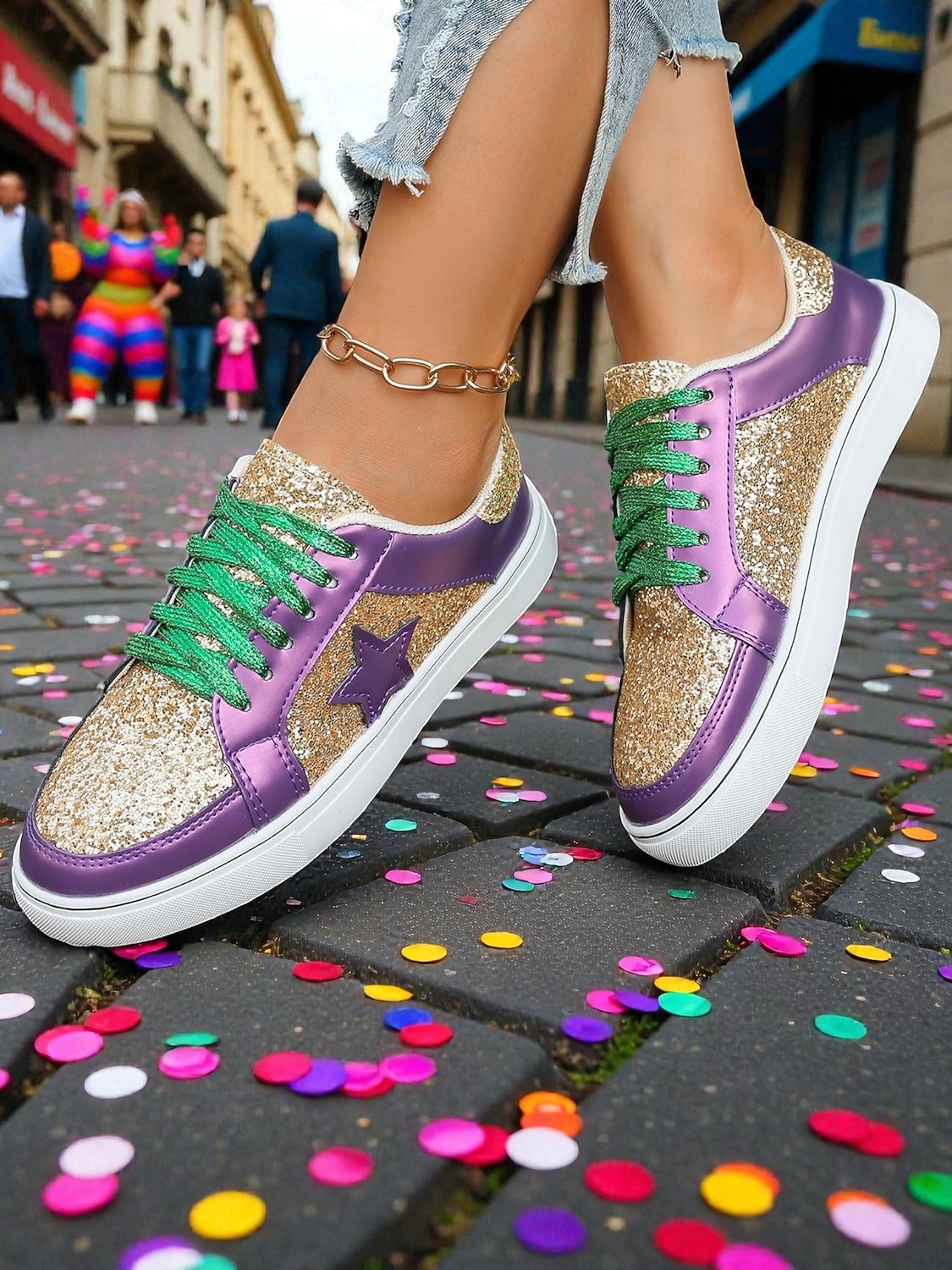 Женские блестящие кроссовки для Марди Гра с цветными металлическими панелями искристая обыкновенная обувь на завязках для карнавальных парадов вечеринок и уличных костюмов 2026 - $42.99 –P1