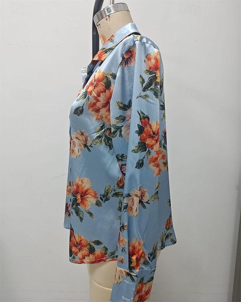 نسائي قميص أنيقة بلوزة من الساتان قمم الصيف مكشكش بقع طباعة ورد الرسم سهل أنيق عتيق سيدات كم طويل قبعة القميص قمصان عادية مناسب للبس اليومي عمل مناسب للعطلات أزرق الصيف الربيع 2026 - $26.99 –P6