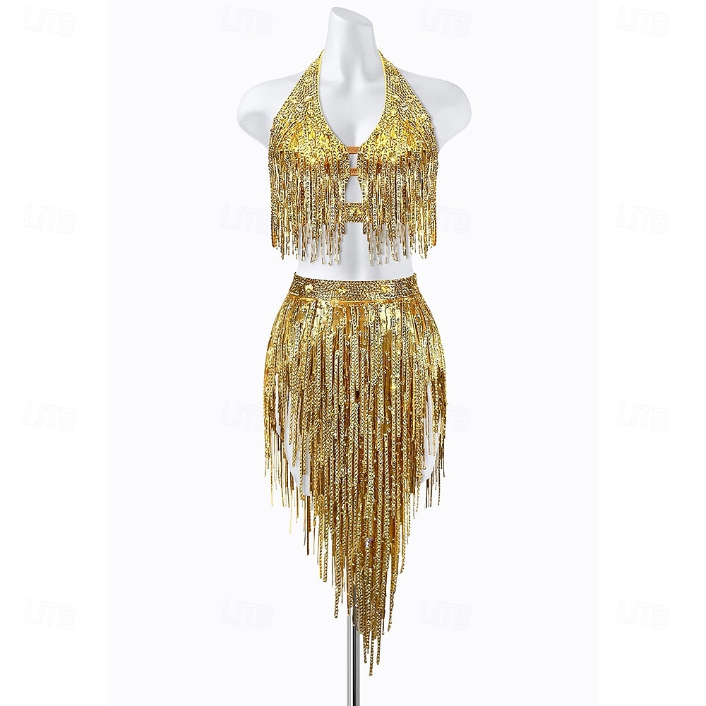 Damen-Set mit goldenen Pailletten und Fransen für lateinamerikanische Tänze – Neckholder-Crop-Top &asymmetrisches Rock-Ballsaal-Auftrittskostüm 2026 - $315.89 –P1