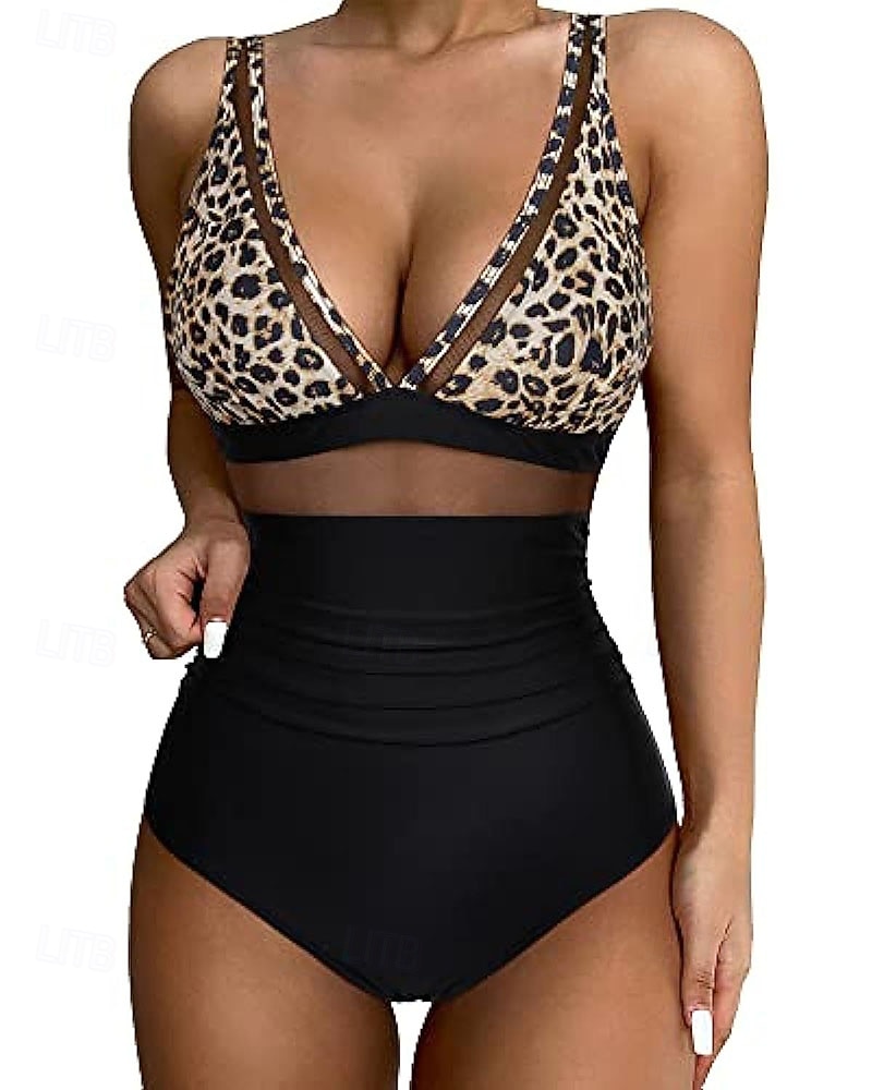 Damen Badeanzug Einteiler Bikini Shorts Bademode Netz Rückenfrei Urlaub Strandbekleidung Leopard Blätter V Ausschnitt Ärmellos Badeanzüge 2026 - $21.99 –P5