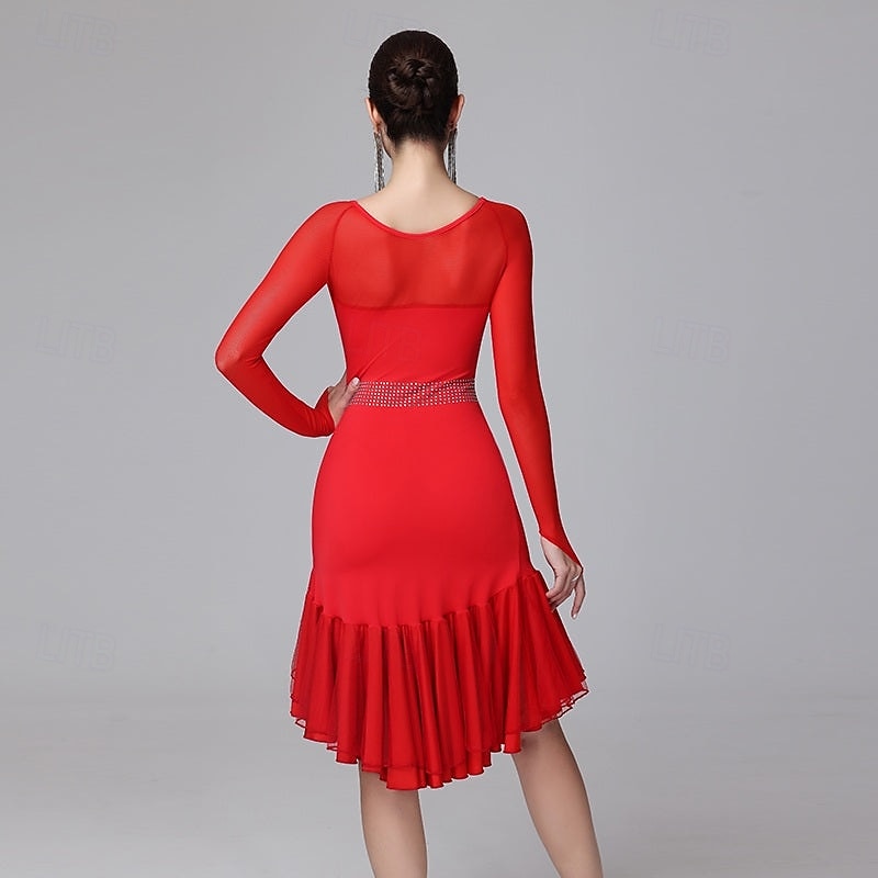 Women's Black Rhinestone Latin Dance Dress - Long Sleeve Mesh Ruffled Asymmetrical Ballroom Performance Dress 2026 - $150.99 –P3