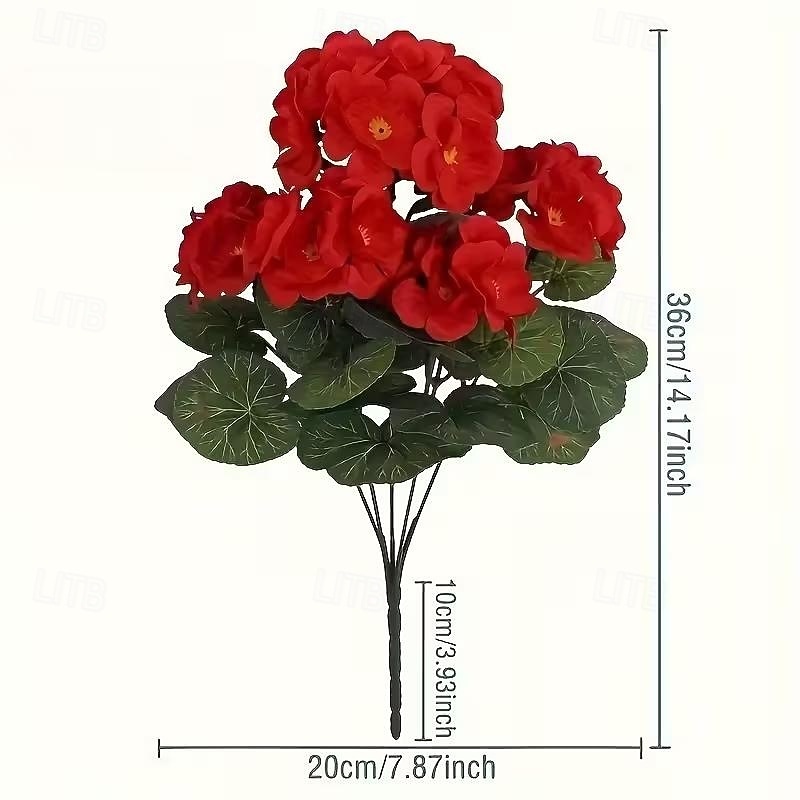 6 větví, kytice z umělých pelargónií odolných proti UV záření, 30 stonků/větví, zářivě červené květy s bujným zeleným olistěním, realistická plastová dekorace do interiéru/venkovního prostředí, 2026 - $25.99 –P9