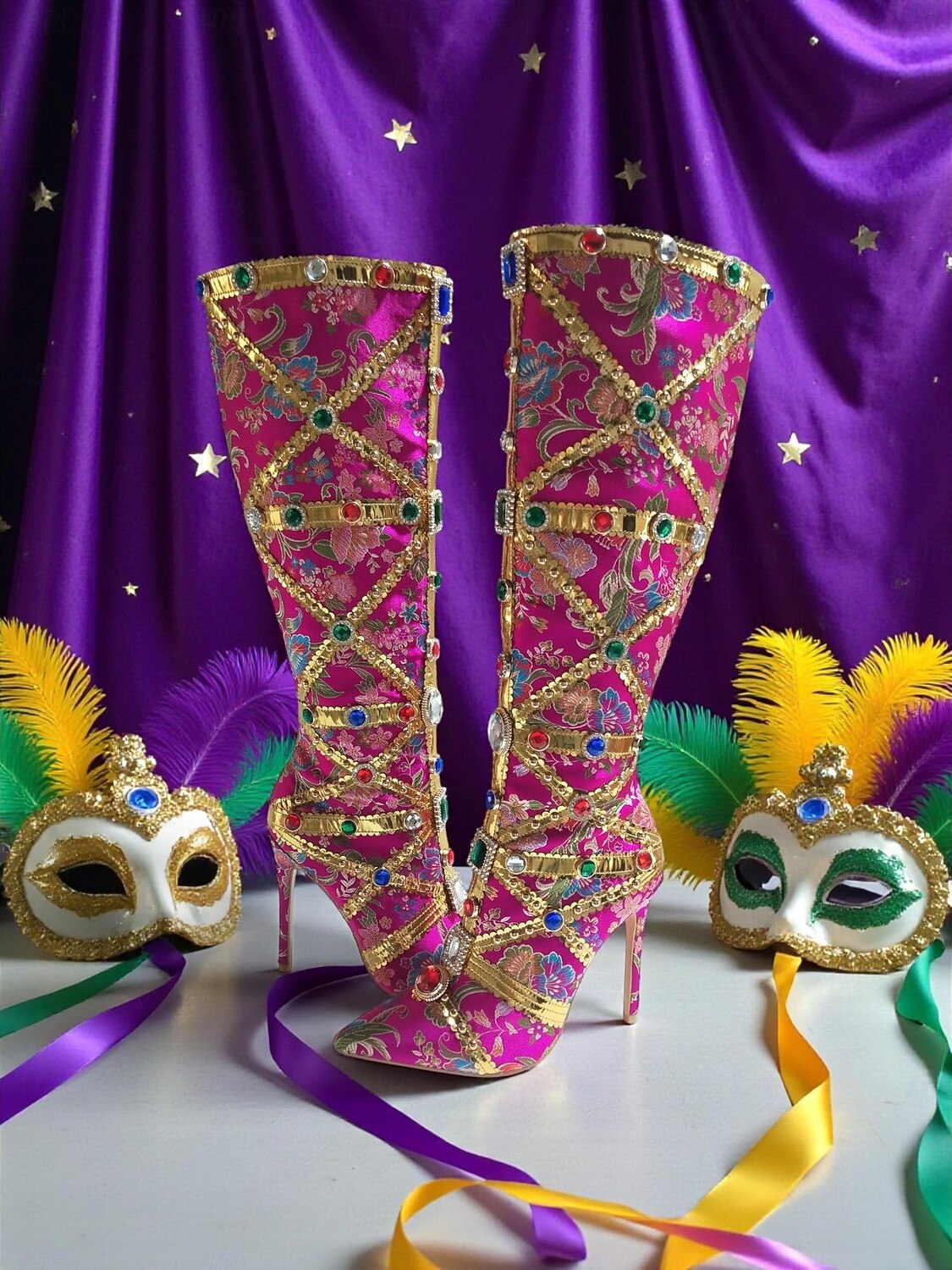 Γυναικείες Μπότες Ψηλοτάκουνες Διακοσμημένες με Λουλούδια και Λεπτομέρειες Κοσμημάτων Πολύχρωμο Στυλ Καρναβαλιού Ιδανικές για Μάρντι Γκρα και Εορταστικές Στιγμές 2026 - $199.99 –P5
