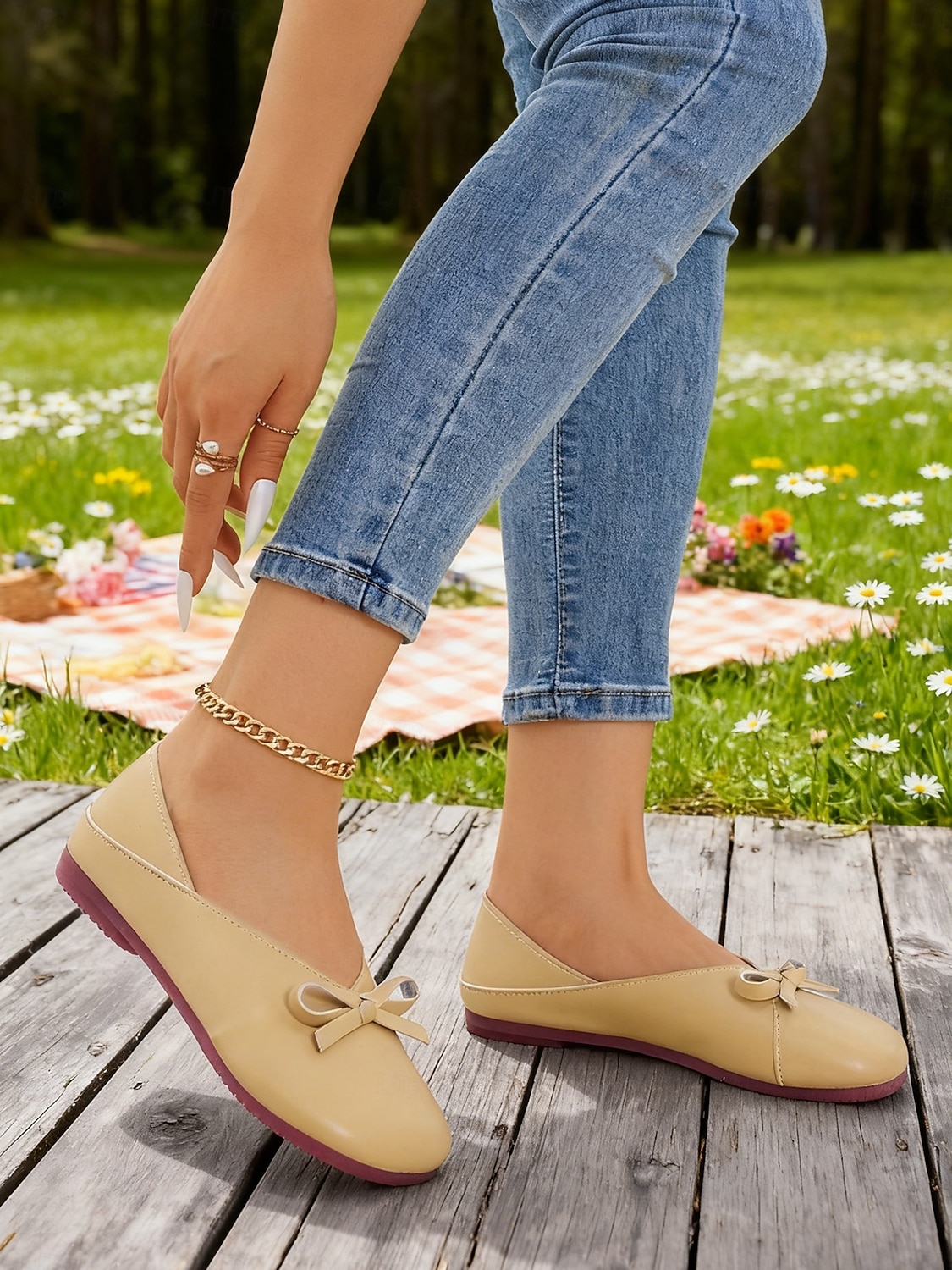 Damen-Ballerinas aus weichem Kunstleder in Mandelfarbe mit weiter Passform und Schleife – minimalistische Slipper für Büro, Freizeit und Schule 2026 - $19.99 –P3