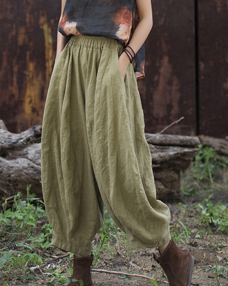 Pantaloni da donna in lino biologico con elastico in vita e tasche a lanterna del 2026 a $49.99 –P3