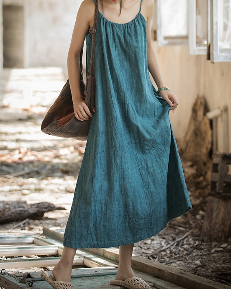 Women's Midi Dress Cotton Linen Dresses Shift Dress Sundress Slip Dress Vintage Fashion Daily Outdoor Vacation Loose Fit Plain Sleeveless Straps Blue Teal White Yellow Summer Spring 2026 - $49.99 –P17
