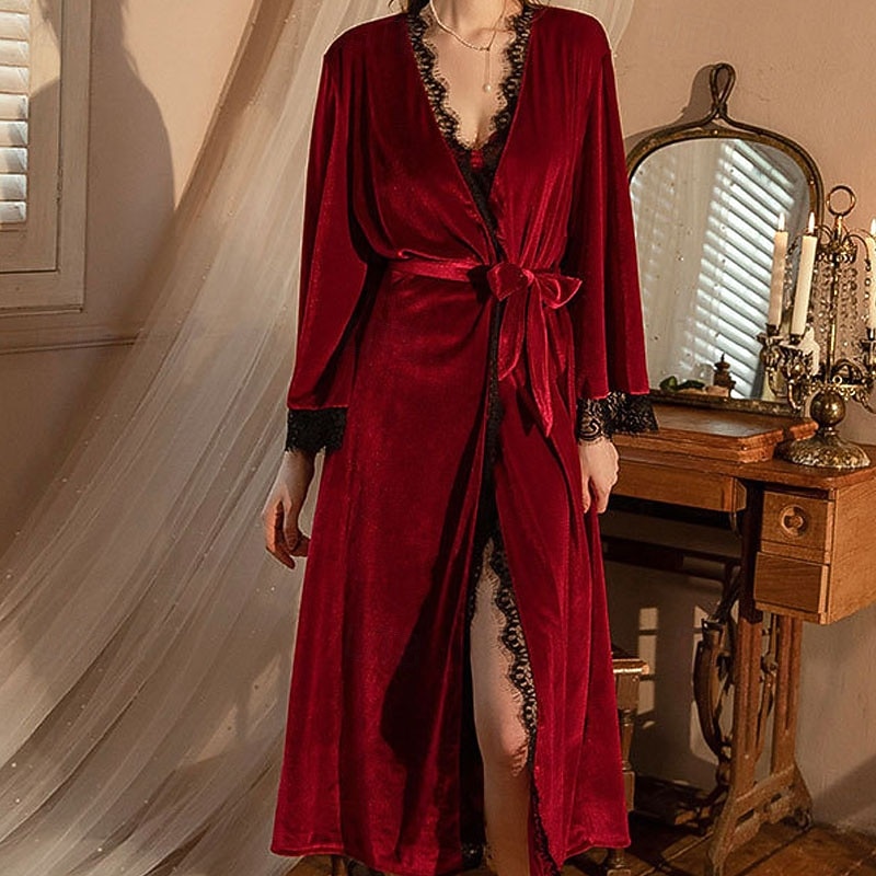 Women's Pajamas Loungewear Warm Fashion Casual Pure Color Ruched Lace up Patchwork Vacation Home Bed Long Sleeve V Neck Blue Black Wine Green Winter Regular Fit 2026 - $35.99 –P3