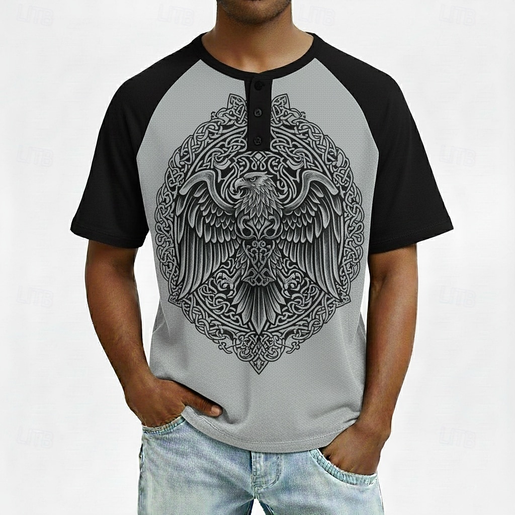 Men's Eagle Viking Henley Shirt Short Sleeve Fashion Designer Vintage Style Daily Outdoor Spring Spring &  Fall All Seasons Dark Blue Dark Green Gray Henley Henley T-Shirt 2026 - $20.99 –P1