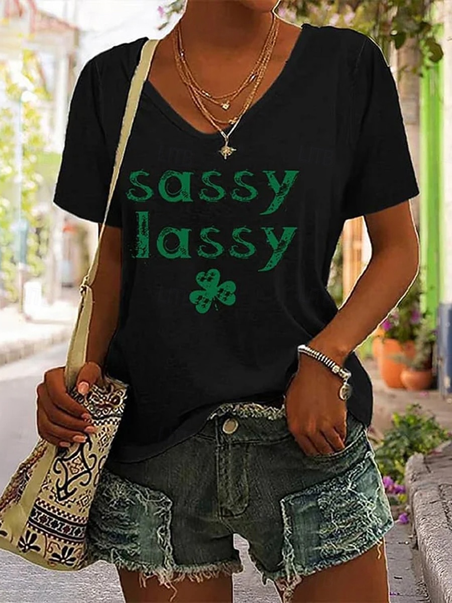 St. Patrick's Day Women's T Shirt Graphic Letter Stylish Classic Casual Short Sleeve V Neck Regular Tops Daily Print Black White Green Summer Spring 2026 - $21.99 –P3