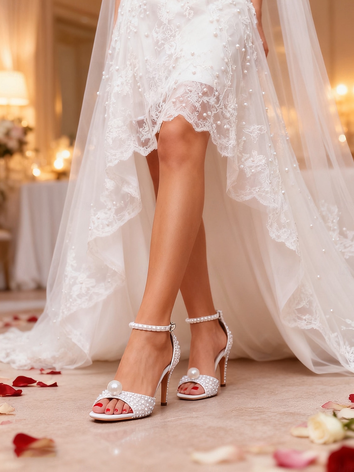 sandali da sposa con tacco alto decorati con perle e cinturino alla caviglia, eleganti scarpe da sposa aperte per la sposa, tacchi di lusso decorati con perle per la cerimonia &ricezione del 2026 a $64.99 –P1