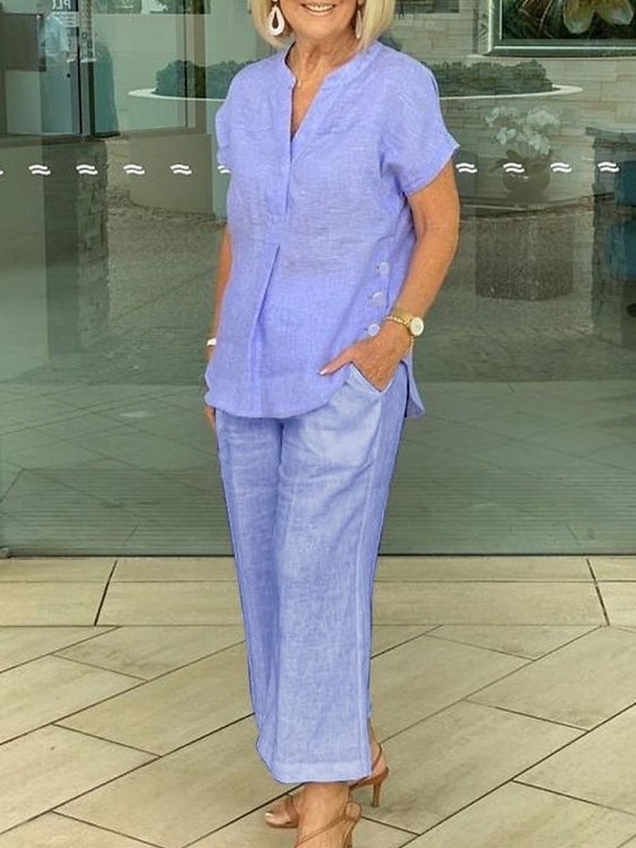 Damen Kunstbaumwollleinen Kurzarm V Ausschnitt Einfach Mode Streetwear Täglich Lässig Täglich Blau Marineblau Purpur Sommer Normale Passform 2026 - $41.99 –P8