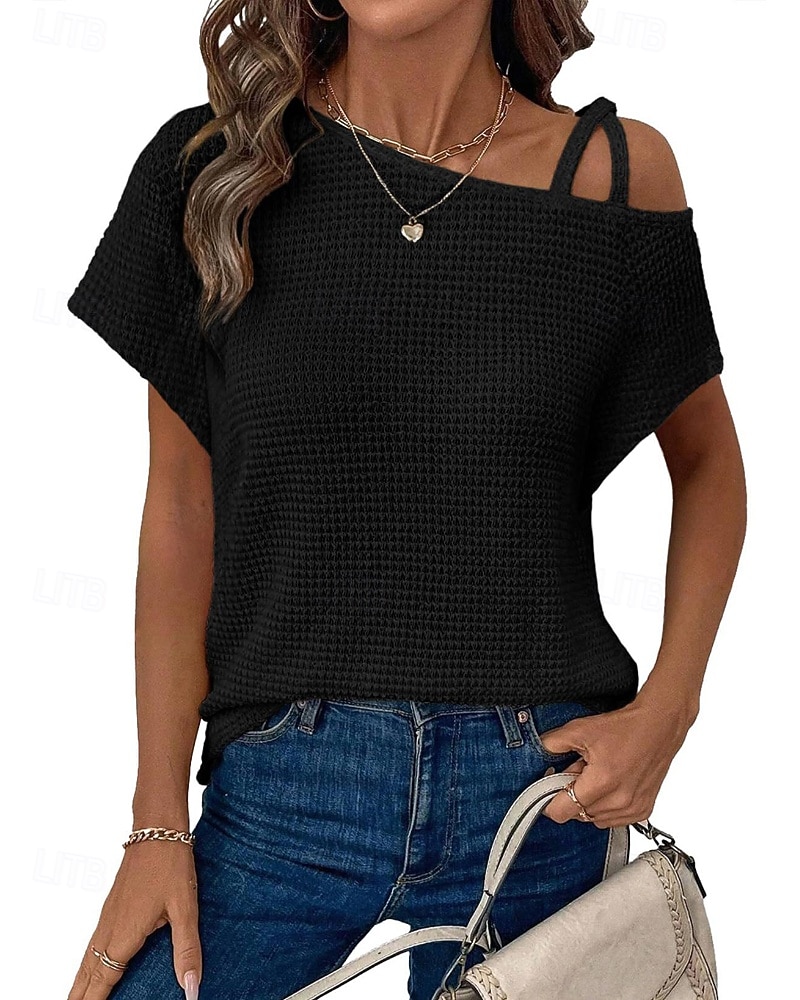 Mujer Camiseta Color sólido Vintage Elegante Manga Corta Cuello asimétrico Tops regulares Diario Noche Fin de semana Negro Blanco Rosa Caqui Verano Primavera 2026 - $25.99 –P4