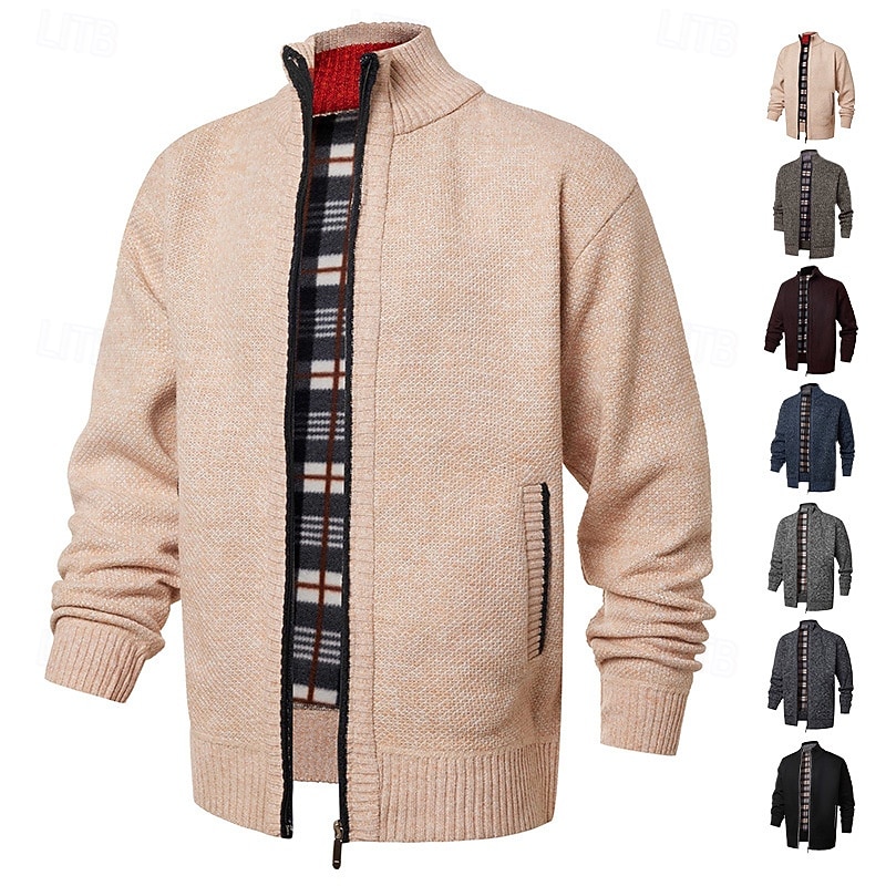 Herre Genser Cardigan Genser Glidelås genser Riflet Strikke Vanlige topper Strikket Helfarge Høyhalset Nøytral Mote Avslappet Dagligdagstøy Klær Høst Vinter Navyblå M L XL 2026 - $30.99 –P1