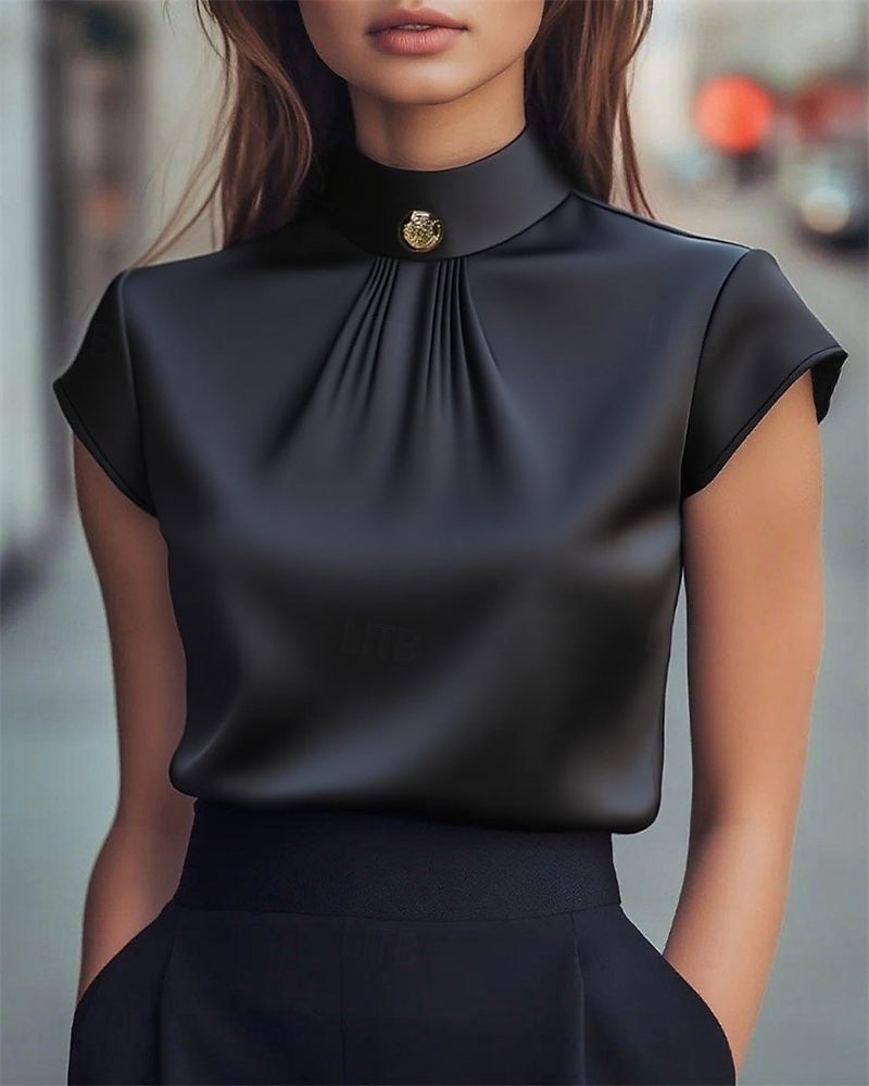 Damskie Koszula Elegancki Top satynowy Letnie szczyty Z marszczeniami Niejednolita całość W fałdki Równina Elegancja Zabytkowe damska Krótki rękaw Wysoki Zwykłe topy Codzienny Praca Święto Czarny 2026 - $25.99 –P3
